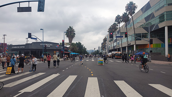 The intersection of Lankershim and Magnolia boulevards in North Hollywood during the September 17, 2023 CicLAvia CicLAmini open streets event. The street was closed to auto traffic between 9 a.m. and 3 p.m. and open only to bicycles, pedestrials, skaters, scooters, wheelchairs and other human-powered transport.