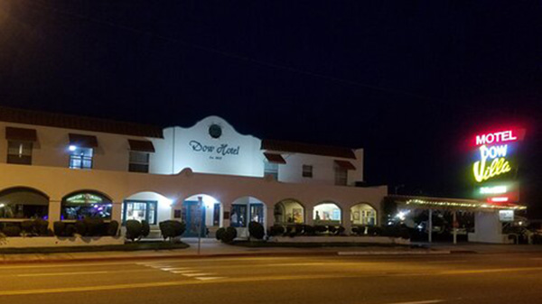The Dow Villa Hotel in Lone Pine, CA at night.