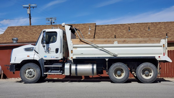 A white Los Angeles Department of Water and Power truck in Lone Pine, CA