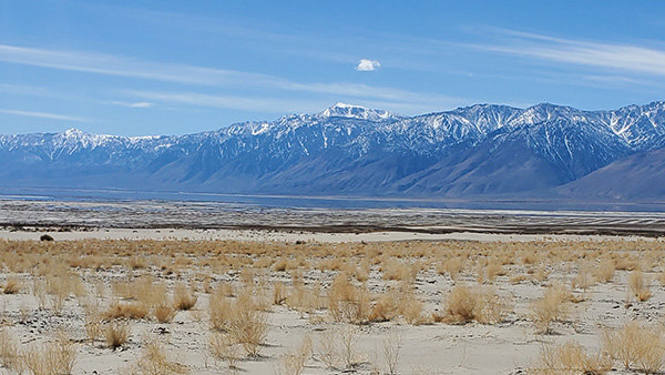 Owens Lake, from the eastern side. The water can be seen in the distance.